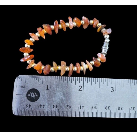 Vintage Carnelian Chip Bracelet Gold Tone Bead Stations 6.5" - Picture 3 of 3